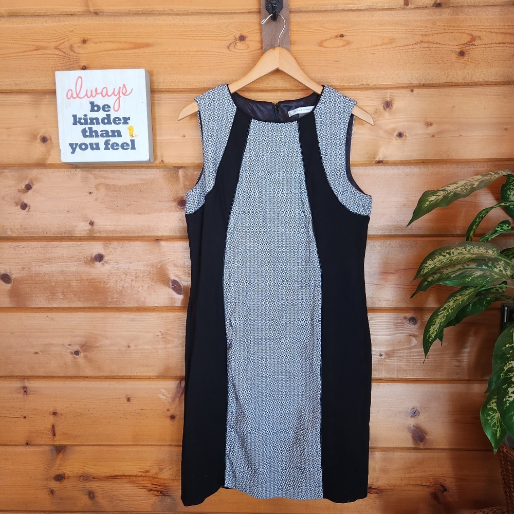 Peter Nygard 💜 Sheath Dress Black White Panel Geo Faux Leather Piped Stretch 12